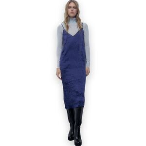 Zara Wrinkled Satin Effect Slip Dress V-Neck Midi Navy Blue US S